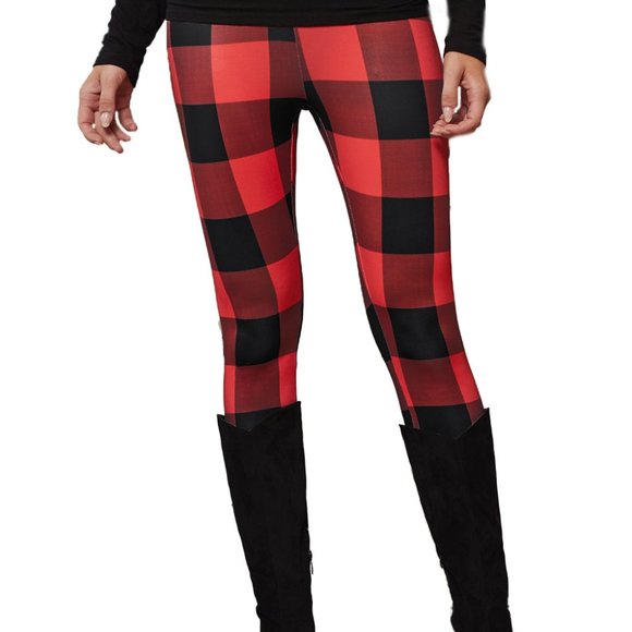 Black Red Buffalo Check Plaid Leggings - Picture 8 of 11